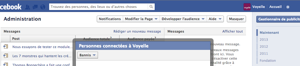 console d'administration d'une page facebook