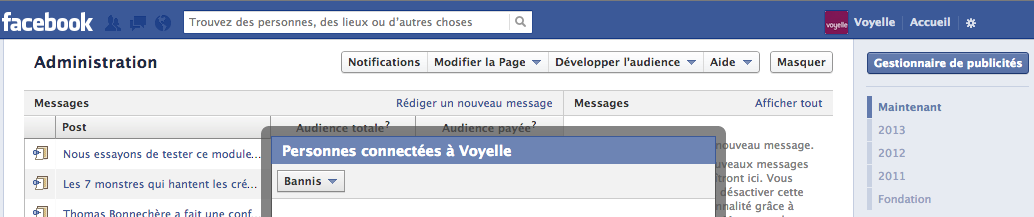 console d'administration d'une page facebook