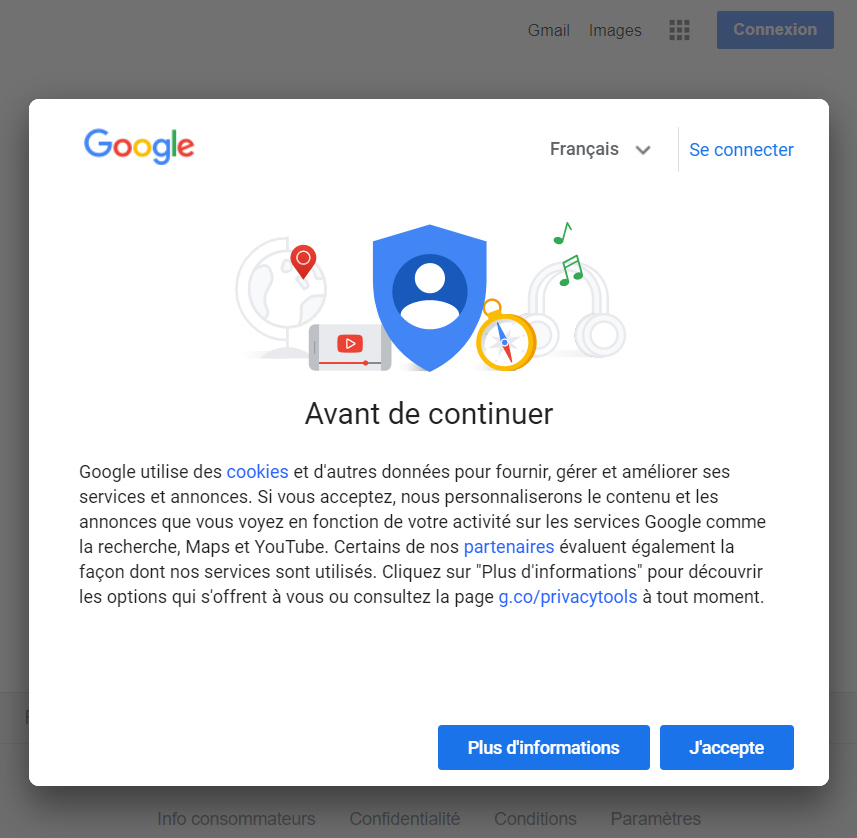 bandeau de consentement des cookies de google.fr